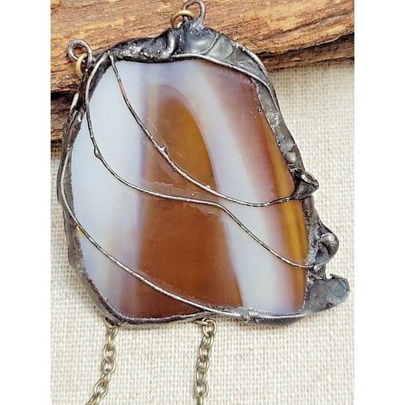 Vintage Doubled sided Stained Glass Artisan Necklace Pendant Greens Blues Amber - Picture 6 of 7